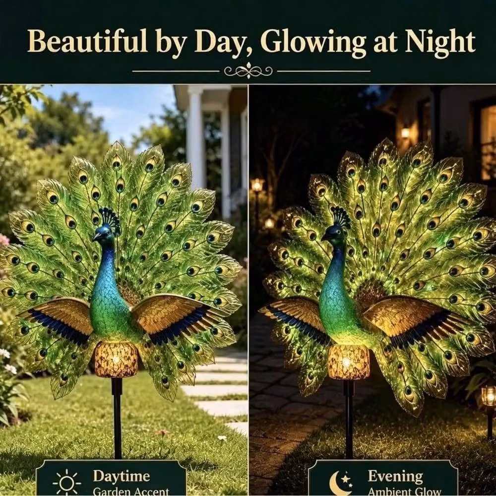 SPETLEK Green Resin Peacock Solar Powered LED Garden Stake Light – 3