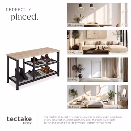 tectake 3-Tier Shoe Rack with Wood-Look Top Shelf and 2 Grid Shelves, Black Industrial Steel Frame, W/D/H: 80 x 30 x 45.5 cm, Light Wood – 6