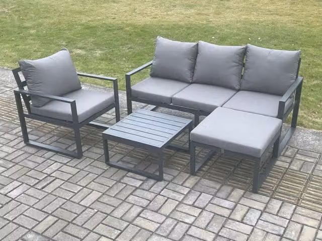 Fimous Modern Powder Coated Aluminium Outdoor Garden Furniture Set in Dark Grey with 3-Seater Sofa, Lounge Armchair, Coffee Table and Ottoman