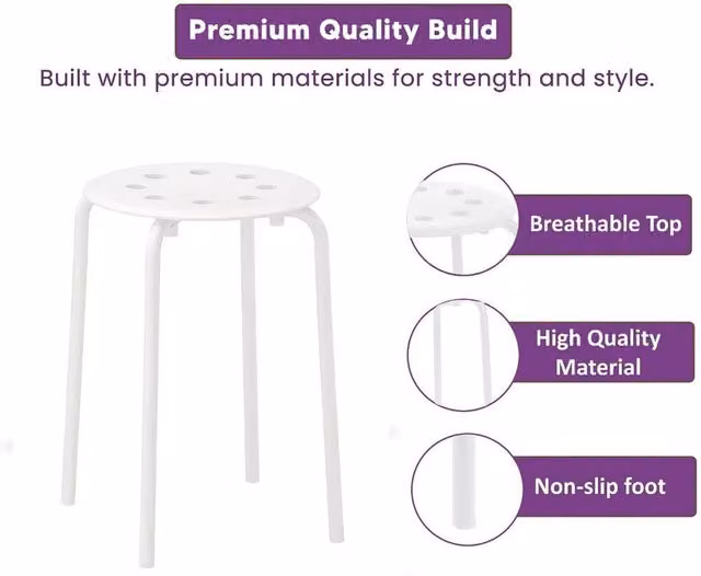 EONLION White Plastic and Metal Stackable Round Stool for Home, Office or Kitchen, Diameter: 100 cm – 1