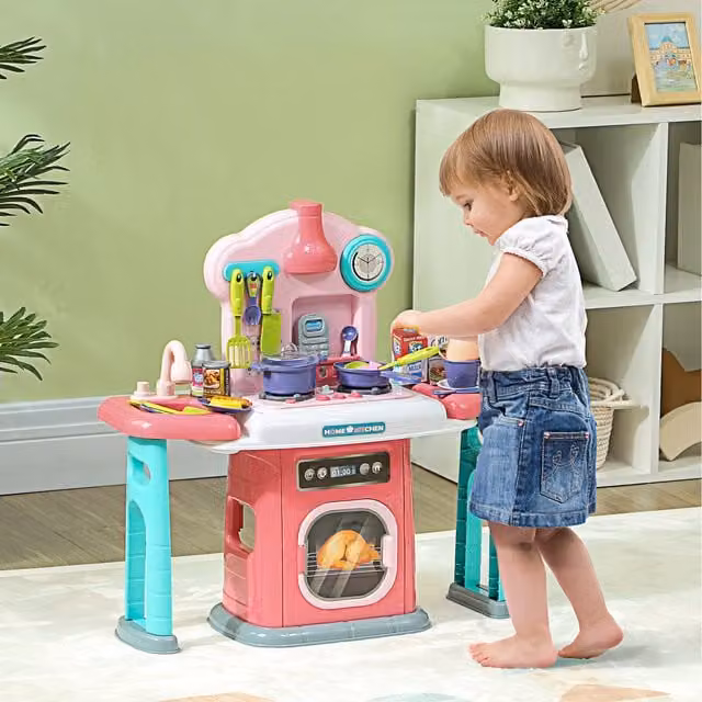 AIYAPLAY 45-Piece Kids Kitchen Playset with Rotating Side Tables in Multicolour and Red