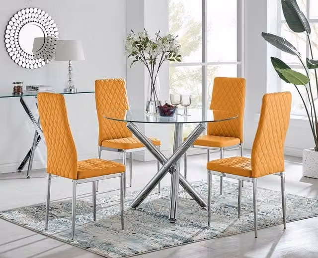 FurnitureboxUK Selina Chrome Round Glass Dining Table and 4 Milan Dining Chairs in Yellow