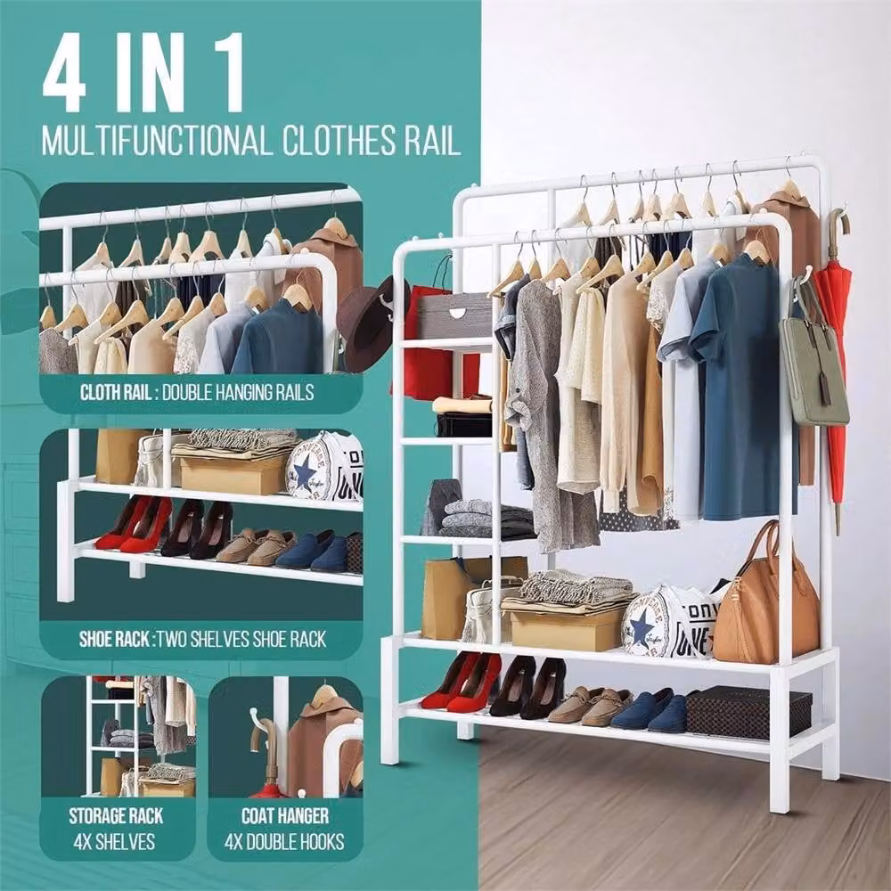 Nordara White Heavy Duty Metal Clothes Rail with Dual Hook and Rail Matrix – 3