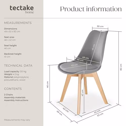 tectake Set of 2 Scandinavian Design Dining Chairs with Fabric Seats and Wood Legs in Grey – 3