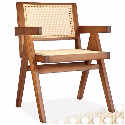 tectake Lizzy Mid-Century Modern Dining Chair with Rattan and Wood Frame in Dark Brown – 1