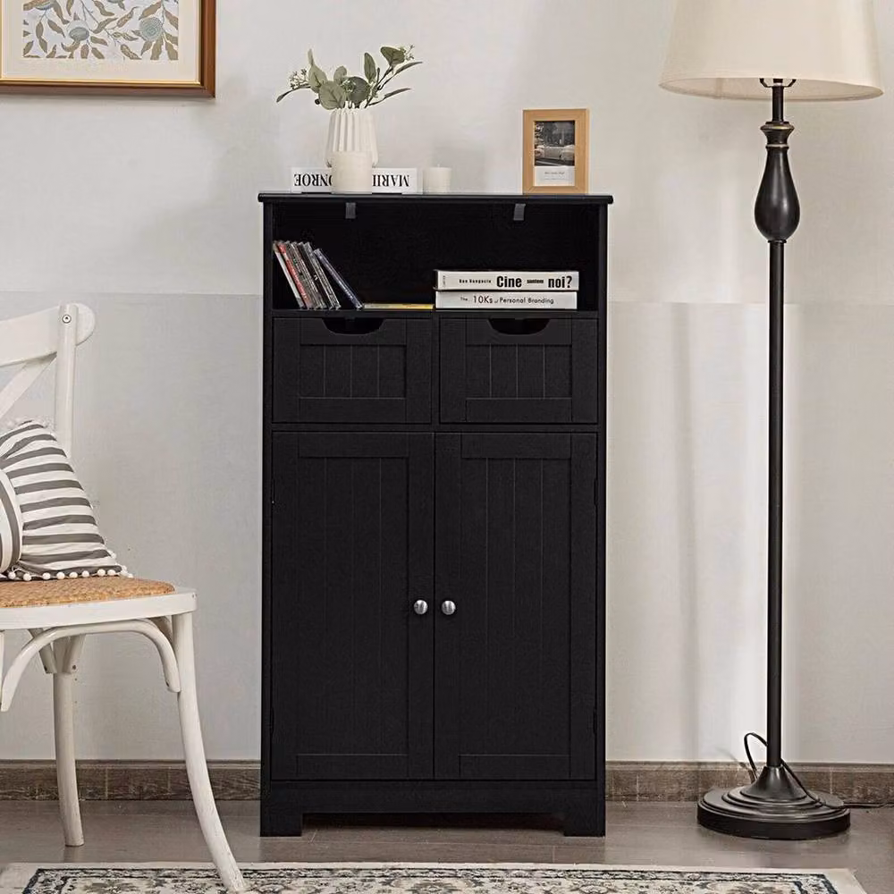 KORVIXA Black Wooden Bathroom Floor Cabinet with Hinged Doors and Internal Shelves, W: 70 cm, H: 75 cm – 4