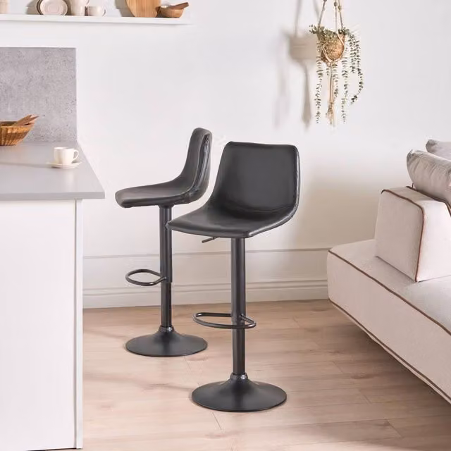 Wyld and Coco Set of Two Black Faux Leather Swivel Bar Stools with Height Adjustment – 1
