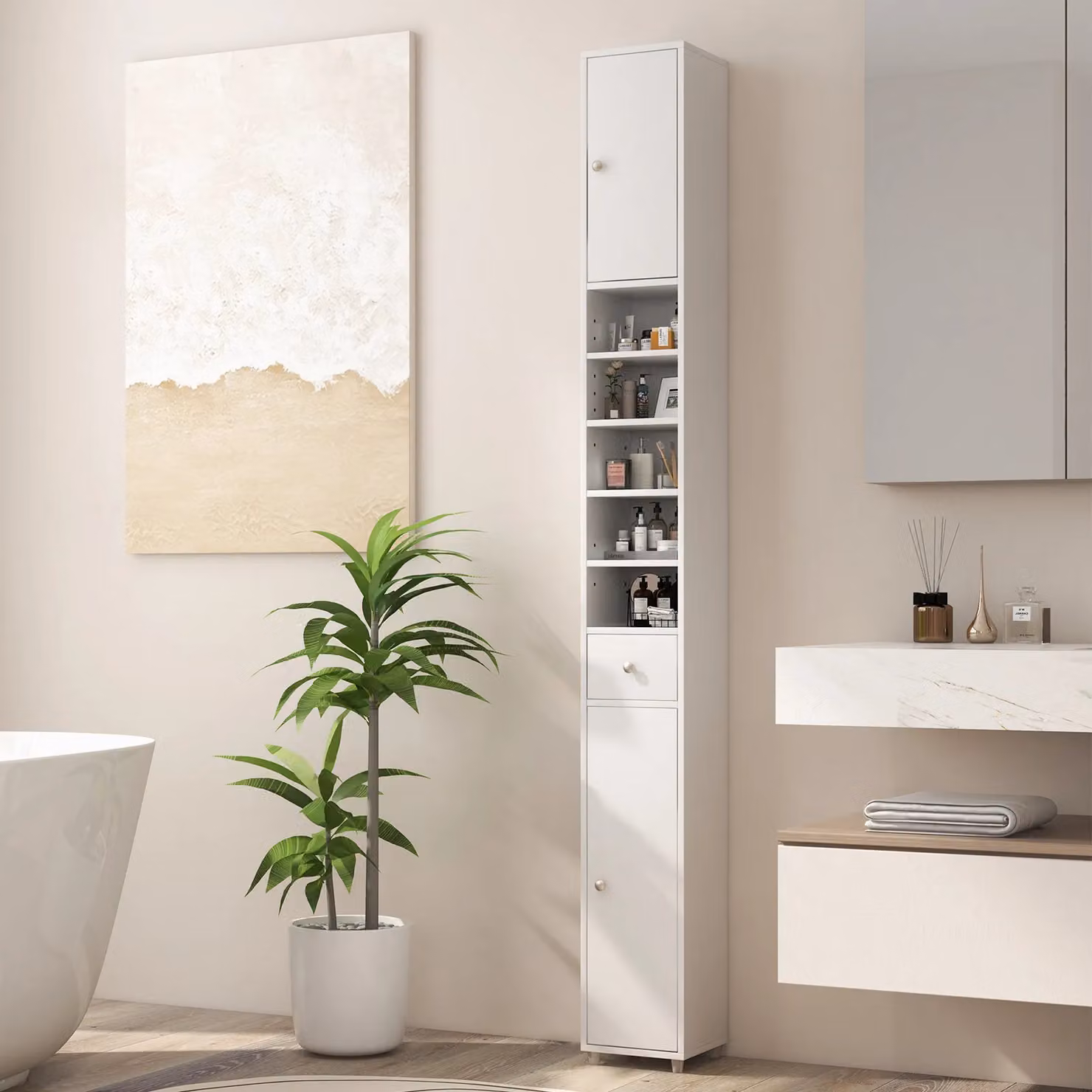 Costway Slim Freestanding White Bathroom Tall Cabinet with 2 Hinged Doors and Internal Shelves – 2