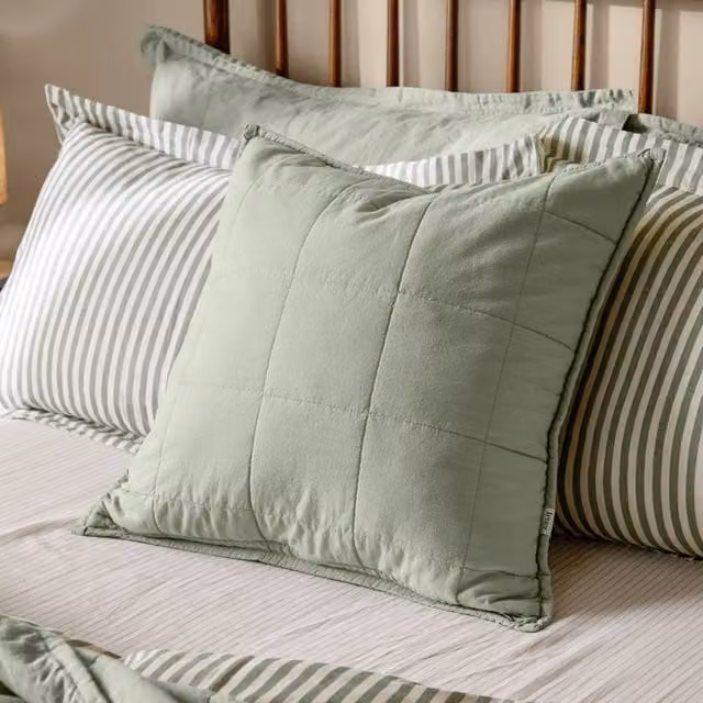 Yard Hebden Quilted Washed Cotton Square Cushion in Green, W/D/H: 55 x 55 x 1 cm – 1