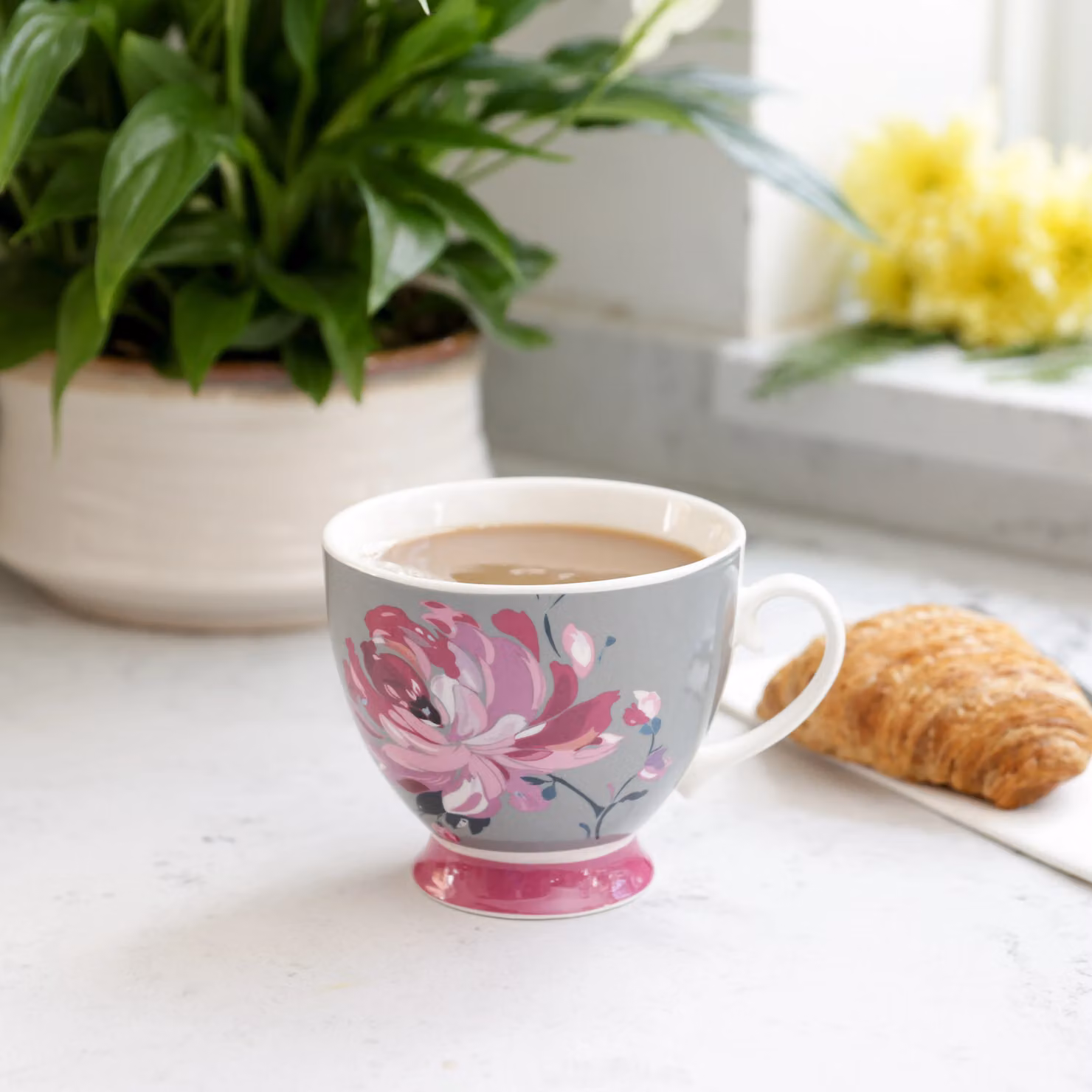 KitchenCraft Bone China Pink Flower Floral Printed Mugs, 400 ml, Grey and Pink (Set of 4) – 3
