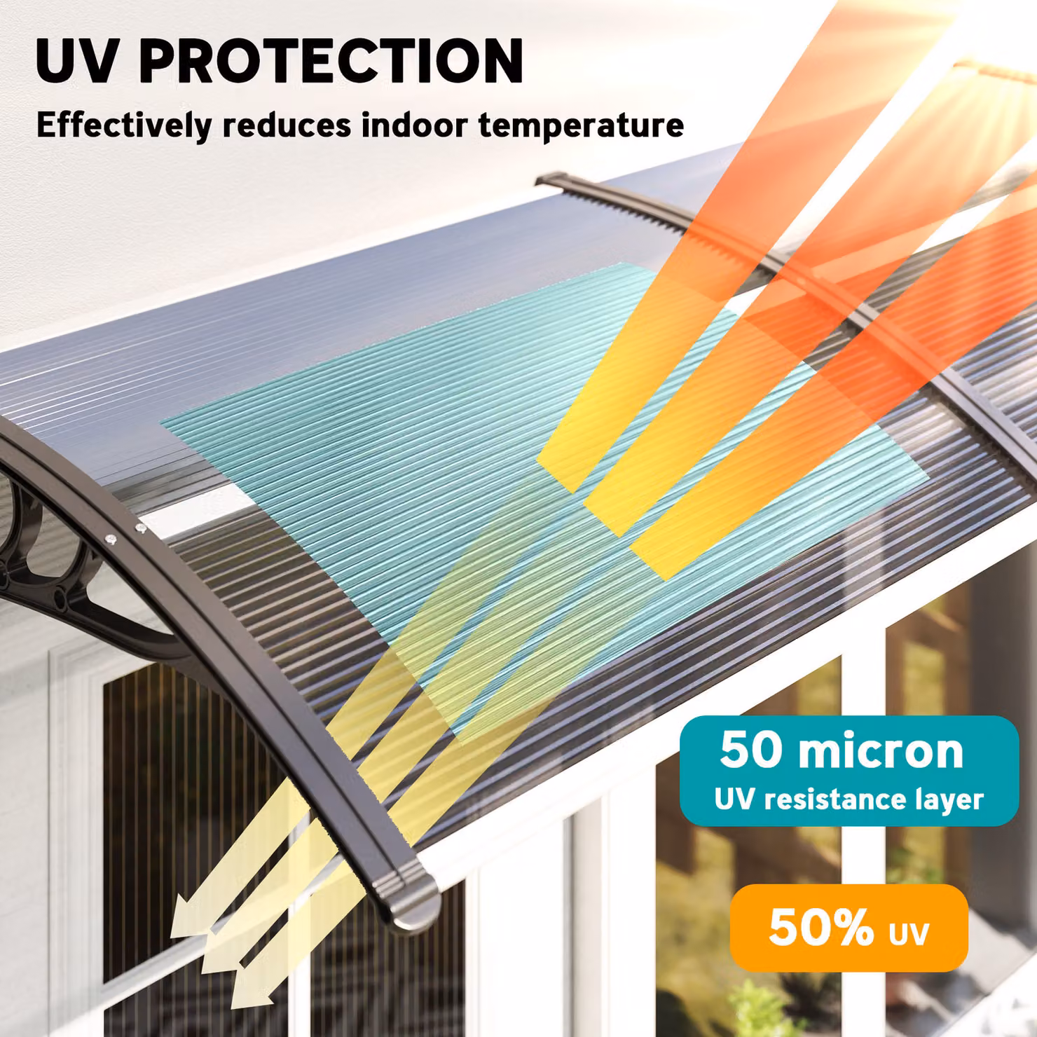 Outsunny Waterproof Door Canopy Awning and Window Rain Shelter in Black and Transparent, W: 200 cm, D: 75 cm – 3