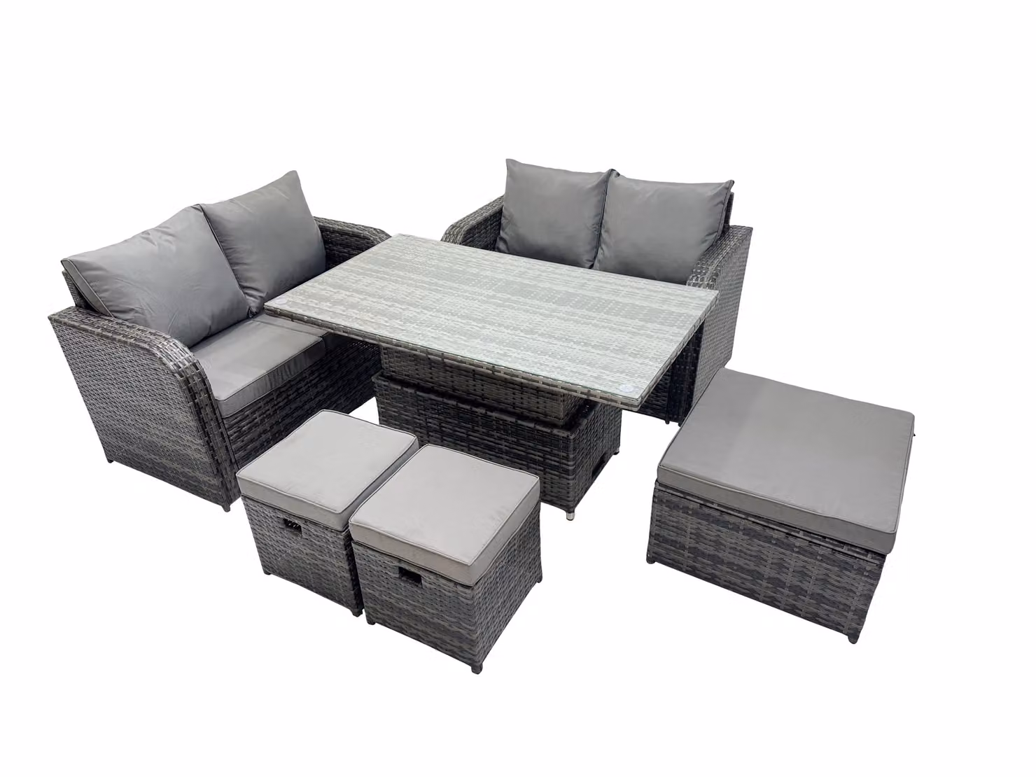 Fimous 7-Seater Rattan Garden Furniture Dining Set with 3 Stools in Dark Grey – 2
