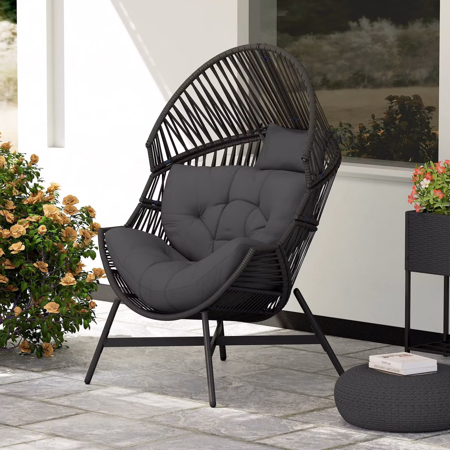 OUTSUNNY Standing Rattan Garden Egg Chair with Headrest, Charcoal Grey – 8