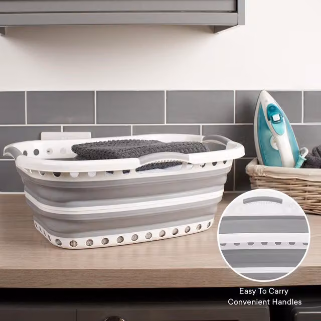 OHS Collapsible Plastic Laundry Basket with Handles, Grey, W: 34.0 cm, D: 6.0 cm, H: 52.0 cm