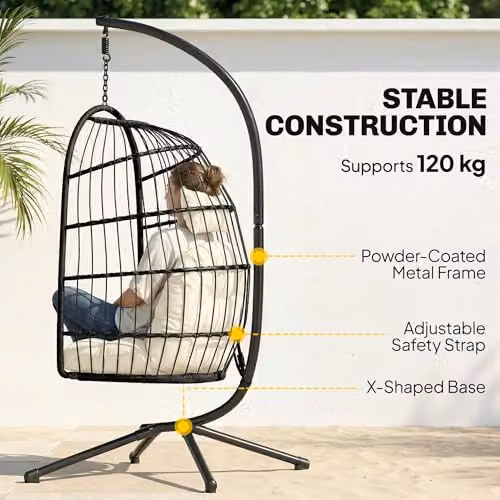 Outsunny Hanging Egg Chair with Stand and Cushions, Black and White – 3