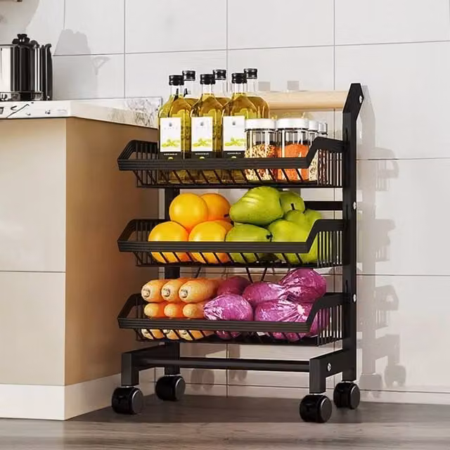 EONLION 3 Tier Fruit Trolley Basket Rack in Black with Adjustable Shelves – 1