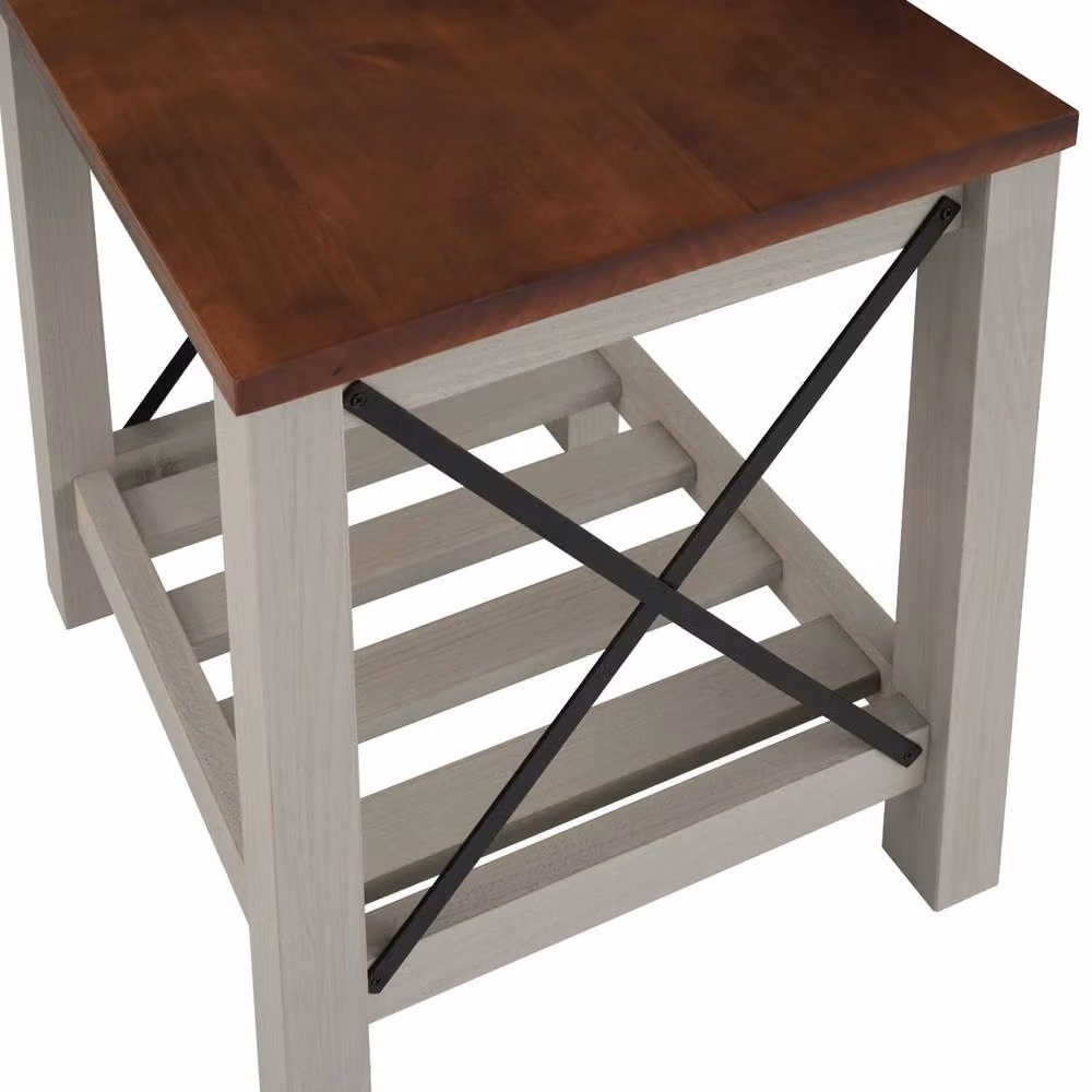 FORGEVIO Grey Painted Pine Cottage Lamp Table with Storage Shelf and X-Frame Design – 3