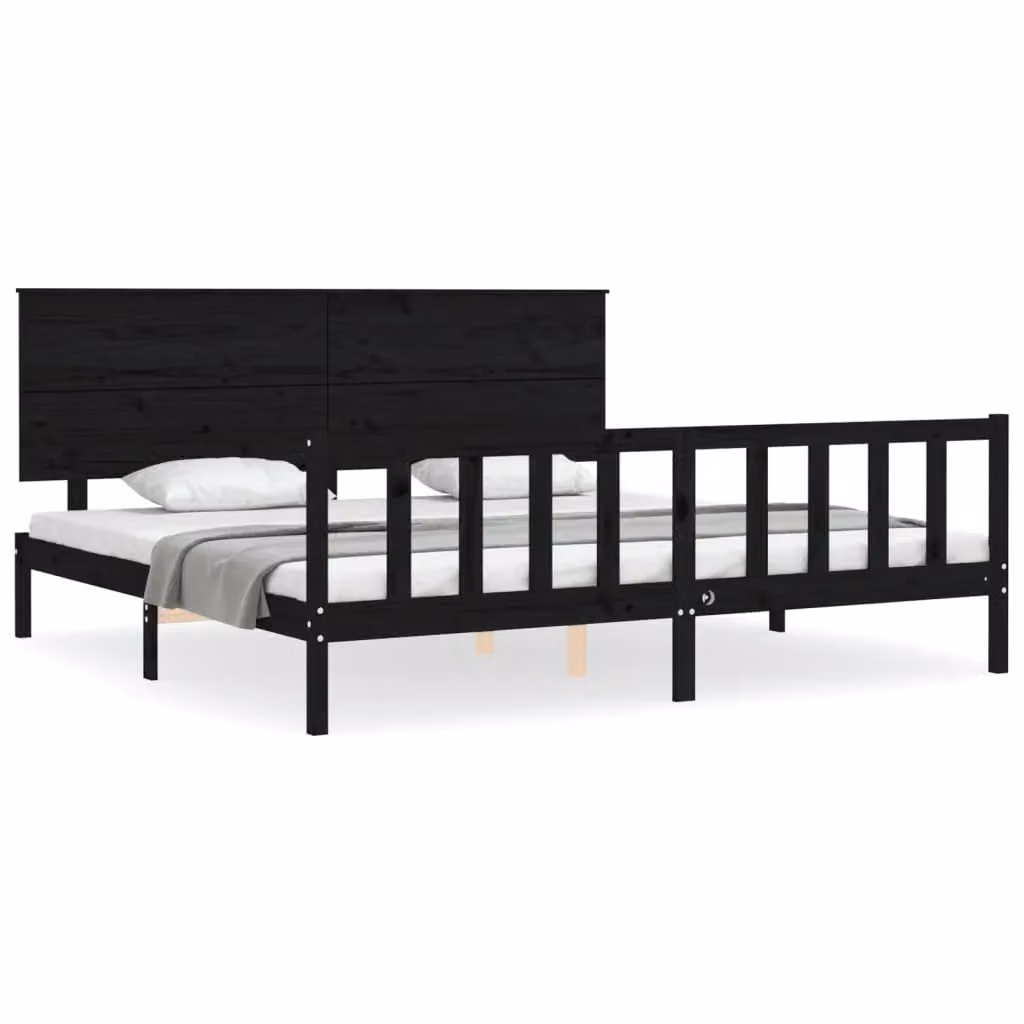 Berkfield Home Solid Wood Pine Bed Frame with Headboard in Black, 200 x 200 cm – 2