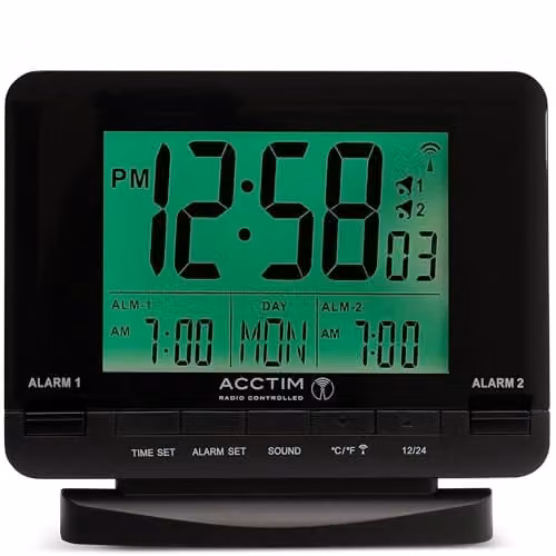 Acctim Delaware Digital Radio Controlled Alarm Clock with Dual Alarms, Date and Temperature Display, Black – 1