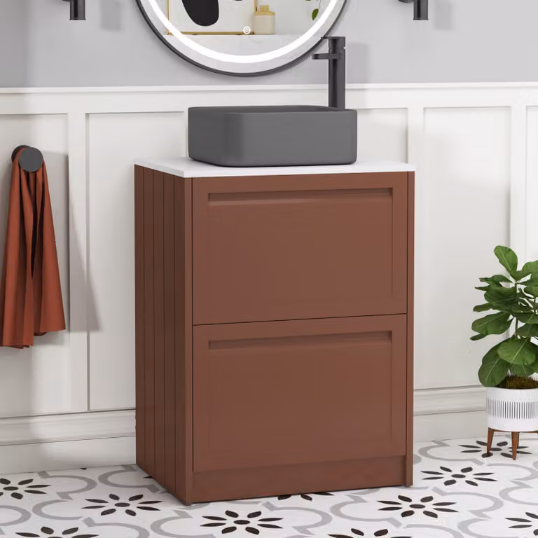 Royal Bathrooms Elmore 600mm Terracotta Clay Floor Standing Vanity Unit with 2 Drawers, Plain White Worktop and Art Square Basin