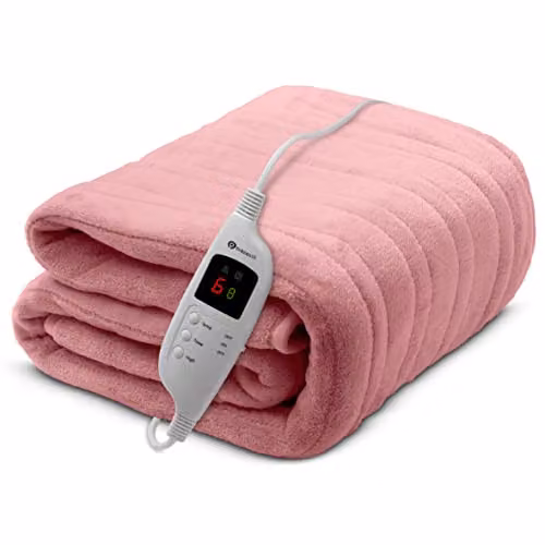 PureMate CozyMate Heated Throw Pink Fleece Electric Blanket with 9 Heat Settings and Timer, W/D/H: 160 x 130 cm