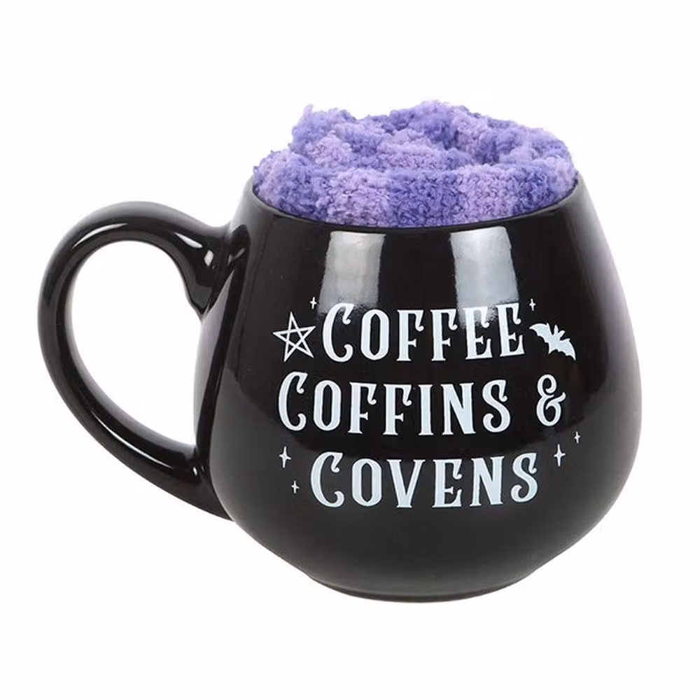 Uniqueful Coffee, Coffins and Covens Mug and Socks Set in Black and Purple, 450ml – 3