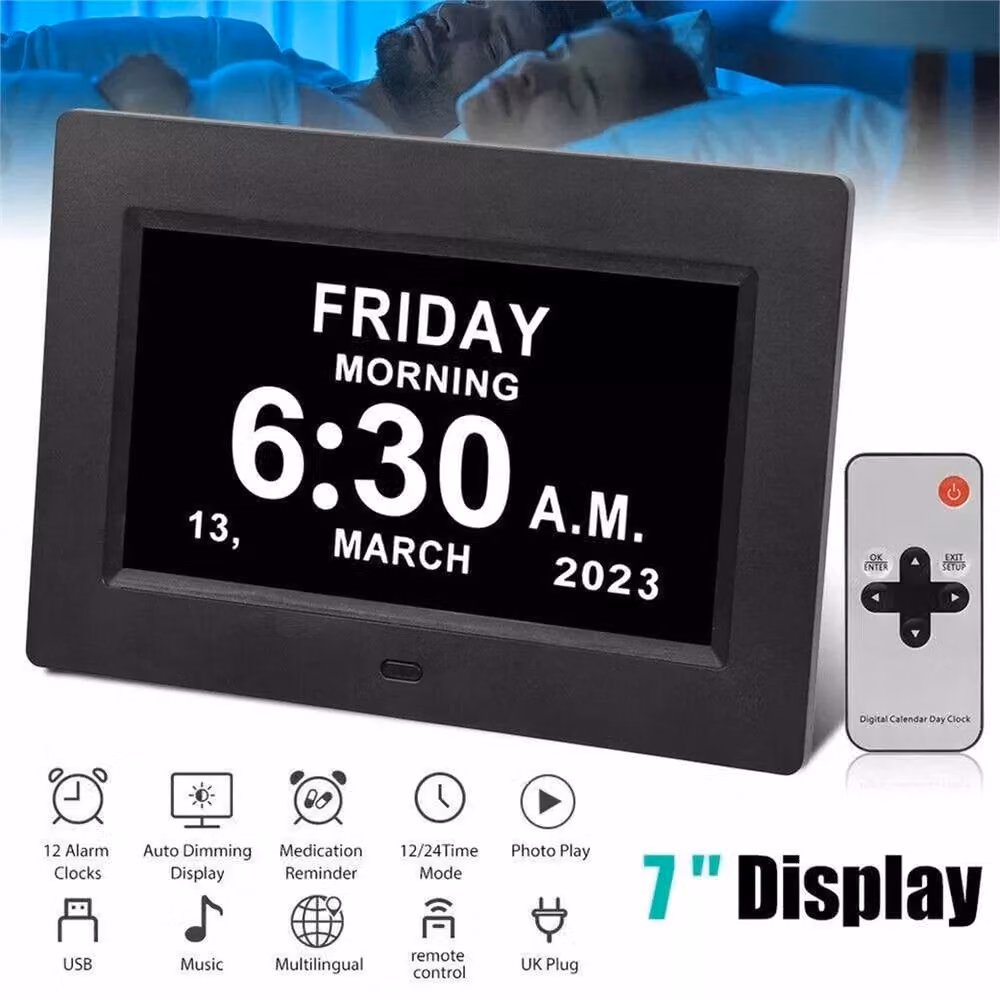 EONLION Black 7 inch Digital LCD Alarm Clock with Calendar – 3