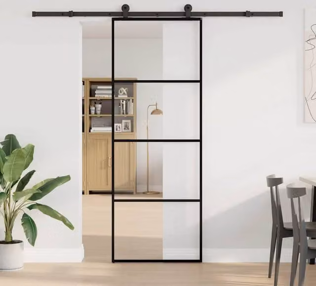 Berkfield Home Modern Sliding Door with Hardware Set, Black ESG Glass and Aluminium, W: 76 cm, H: 205 cm
