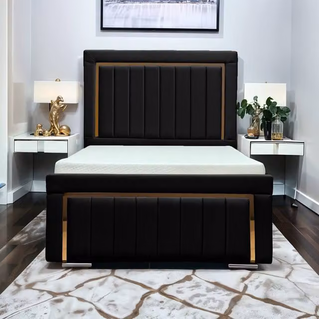 UK Bed Furniture Princess Upholstered Velvet Bed with Slatted Base in Black, W/D/H: 120 x 200 cm