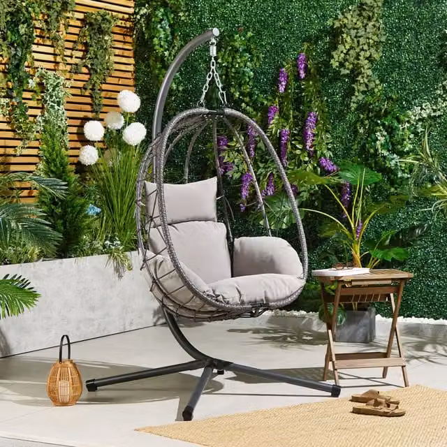 VonHaus Grey Rattan Garden Hanging Egg Chair with Metal Stand