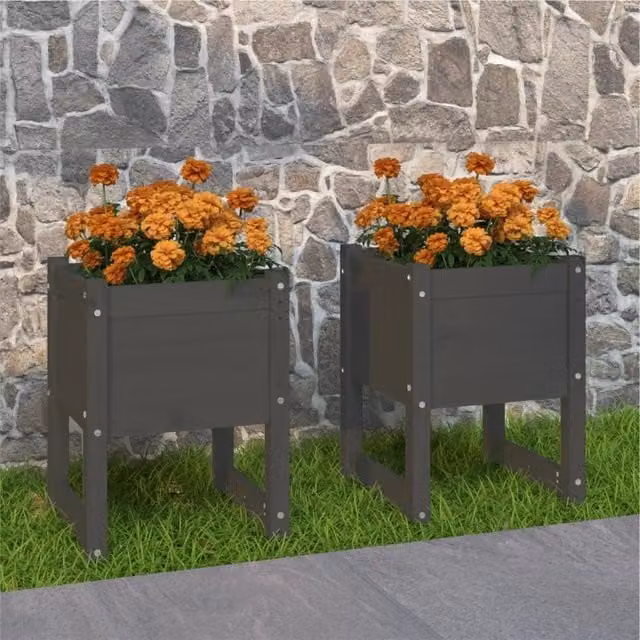 Berkfield Home Set of 2 Grey Solid Wood Pine Planter Tubs, W/D/H: 40 x 40 x 52.5 cm
