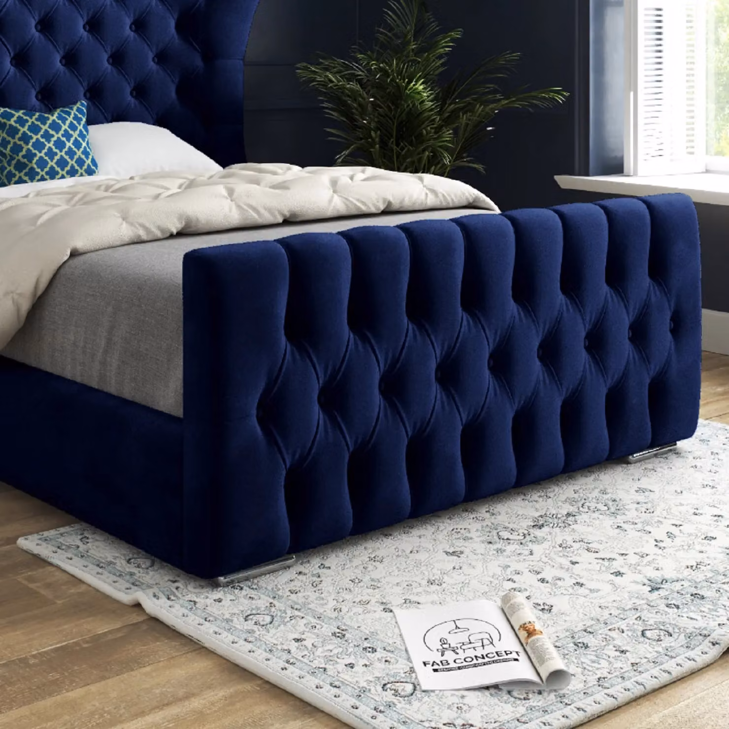 Casani Parma Wide Curved Winged Upholstered Soft Velvet Bed Frame in Blue, W/D/H: 120 x 200 x 83 cm – 3