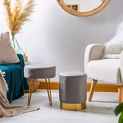 Harbour Housewares 2 Piece Round Grey Velvet Footstool Set with Metal Hairpin Legs