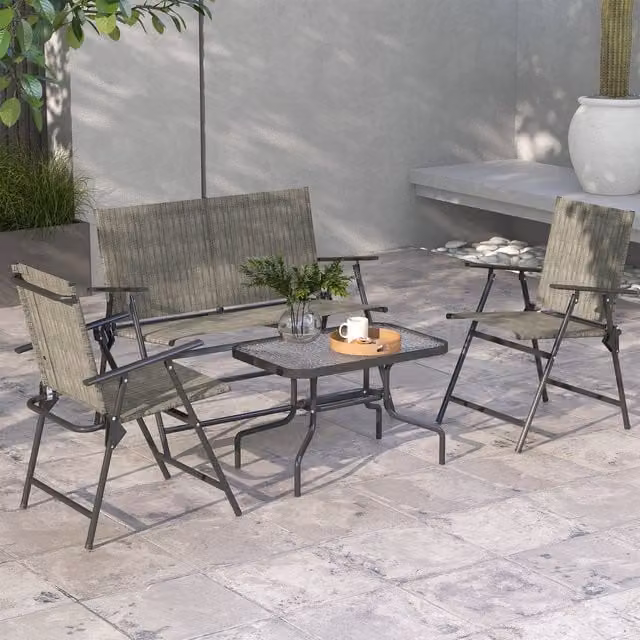 OUTSUNNY Brown and Grey Modern Patio Furniture Set with Table, Foldable Chairs and Loveseat