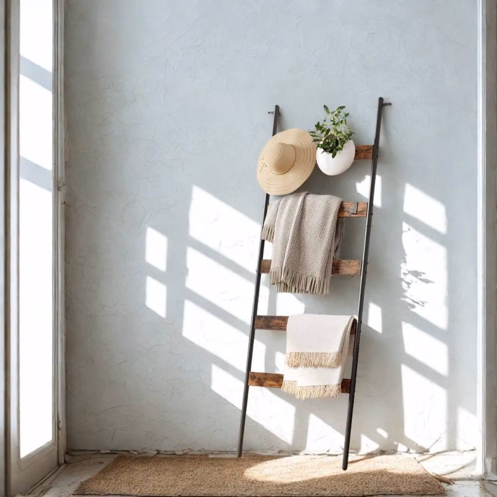 Pirlo Plush 5-Tier Brown Towel and Blanket Ladder Shelf Rack with Hooks – 2
