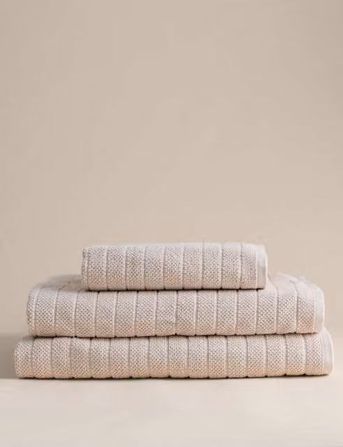 M&S Fluffy Pure Cotton Striped Towel in Beige