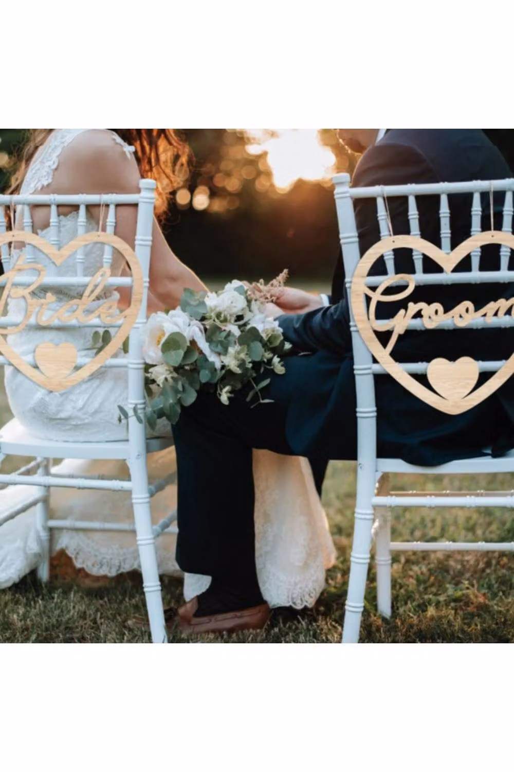 KDMD Wooden Heart Mr & Mrs Wedding Chair Signs in Light Brown – 2