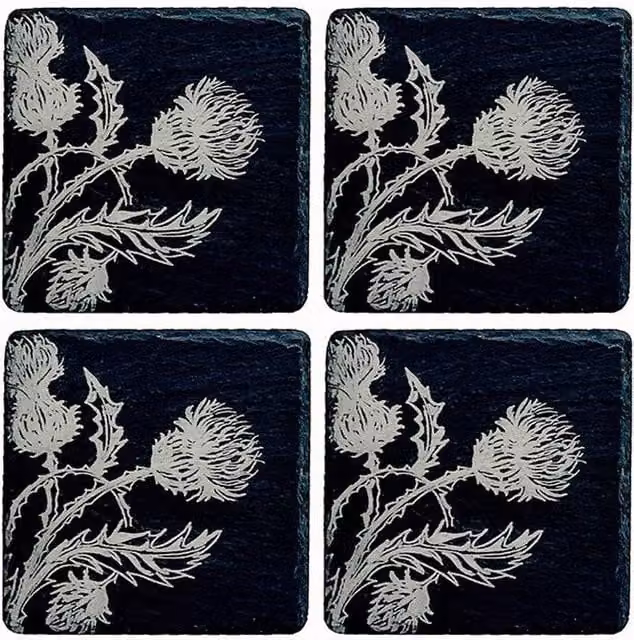 Selbrae House Thistle Trio Square Slate Coasters, Set of 4, Black