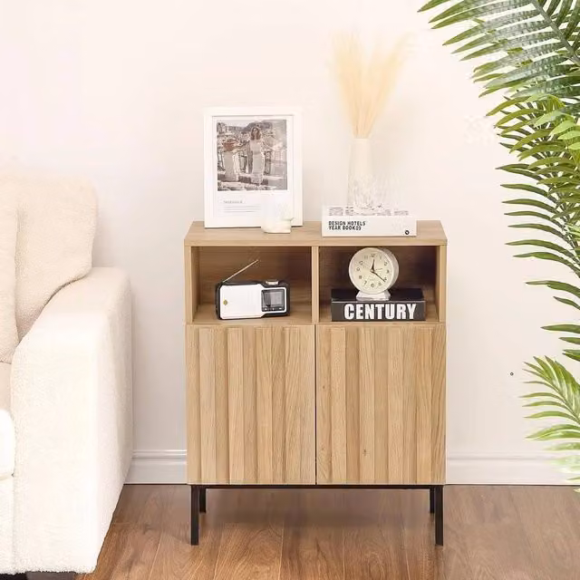 Havendro Brown Sideboard Buffet Cabinet with Door and Shelf, Modern Geometric Wood and Metal Storage Accent Table
