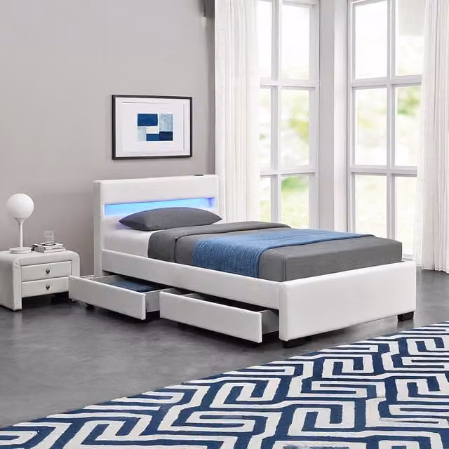 Harmin Luxury Double Bed with White Faux Leather Upholstered Frame, LED Lighting, Bluetooth Speakers and USB Charging Port, W/D/H: 140 x 200 cm – 1