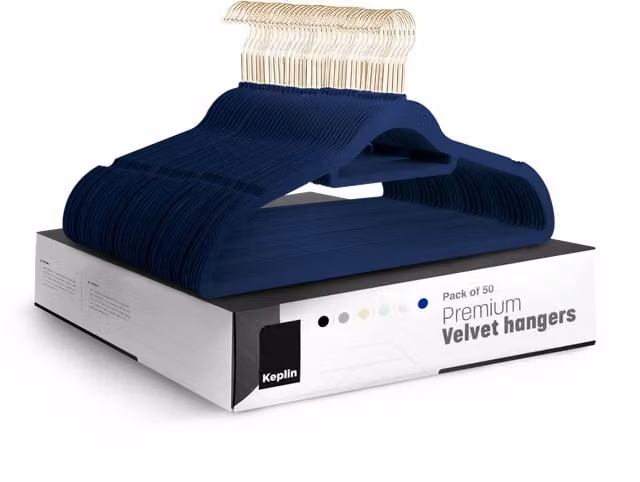 Keplin Non-Slip Velvet Flocked Clothes Hangers with Swivel Hook and Contoured Shoulders, Blue, 50 Pack