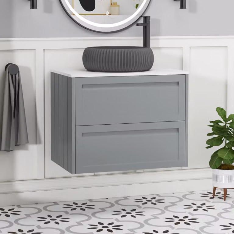 Royal Bathrooms Elmore 700mm Wall Hung Vanity Unit in Matt Pebble Grey with 2 Drawers, Plain White Worktop and Milan Black Basin