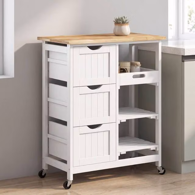 STILVORA Modern White Lacquered Wood Kitchen Island Cart with Drawers and Shelves
