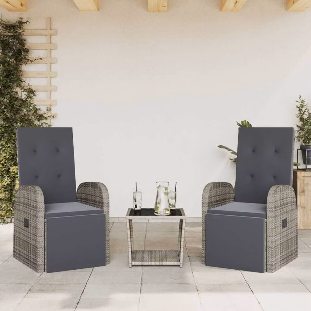Berkfield Home 3 Piece Grey Poly Rattan Garden Dining Set with Cushions and Glass Table – 2