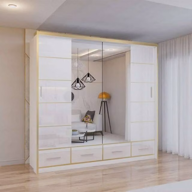 Sliding Wardrobes 4U Modern High Gloss Sliding Wardrobe with LED Light, White and Gold, W: 203 cm, H: 220 cm – 1