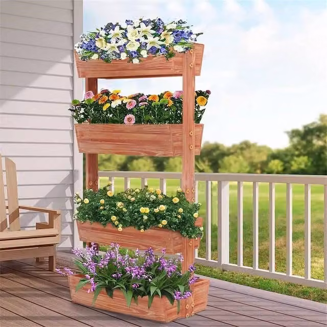 KORVIXA 4 Tier Large Vertical Raised Garden Bed in Brown, W/D/H: 140 x 65 x 40 cm – 1
