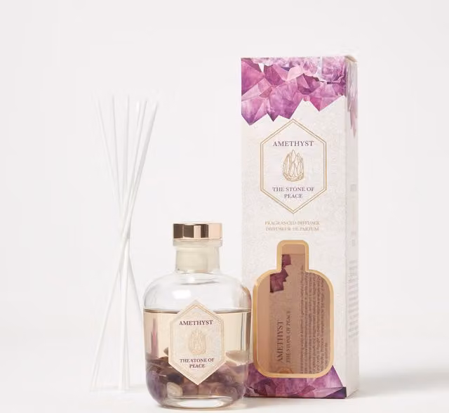 HOMESCAPES Floral Luxury Crystal Reed Diffuser with Natural Stones in Purple
