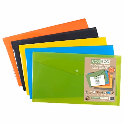 eco-eco Pack of 5 Assorted Colours 50% Recycled Plastic Press Stud Popper Wallets – 1