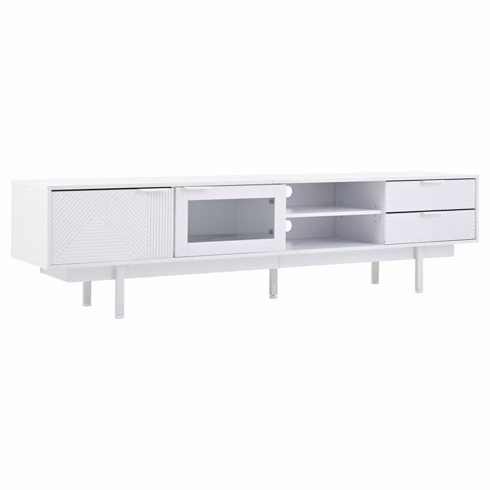 ModernLuxe TV Cabinet Stand in White with 2 Drawers, Doors and Open Shelf for up to 80 inch TVs, W/D/H: 200 x 40 x 50.5 cm – 3