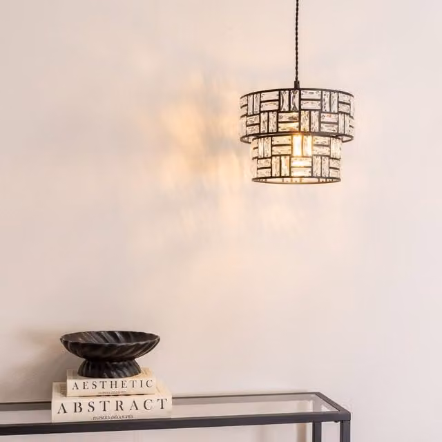 ValueLights Elise Pair of Black and Transparent Acrylic Jewel Two Tier Easy Fit Lampshades with LED Bulbs, Width: 27 cm